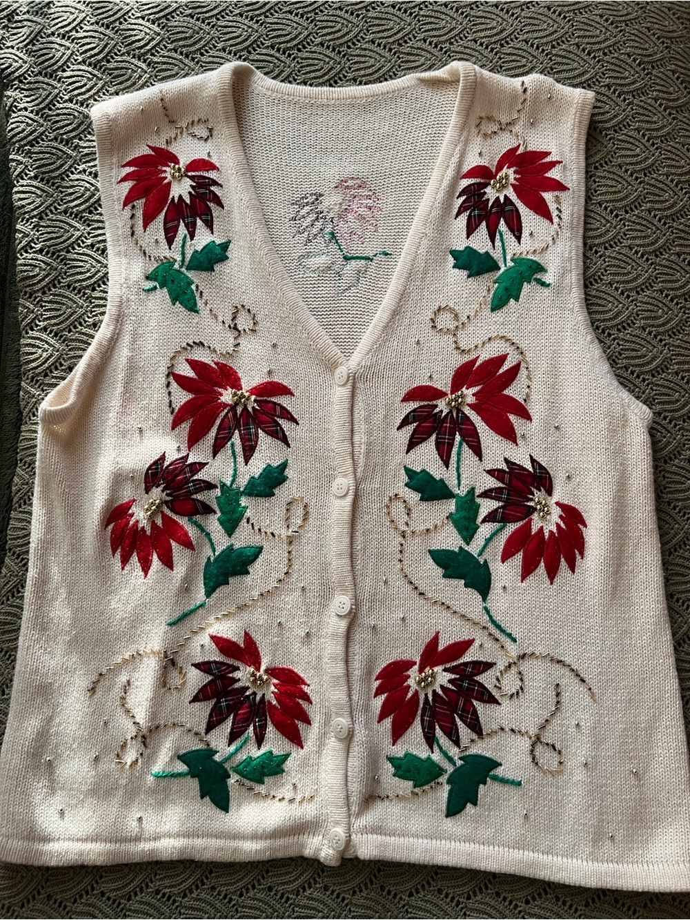 Cream V-Neck Floral Embroidered Button-Front Sweater Vest Medium